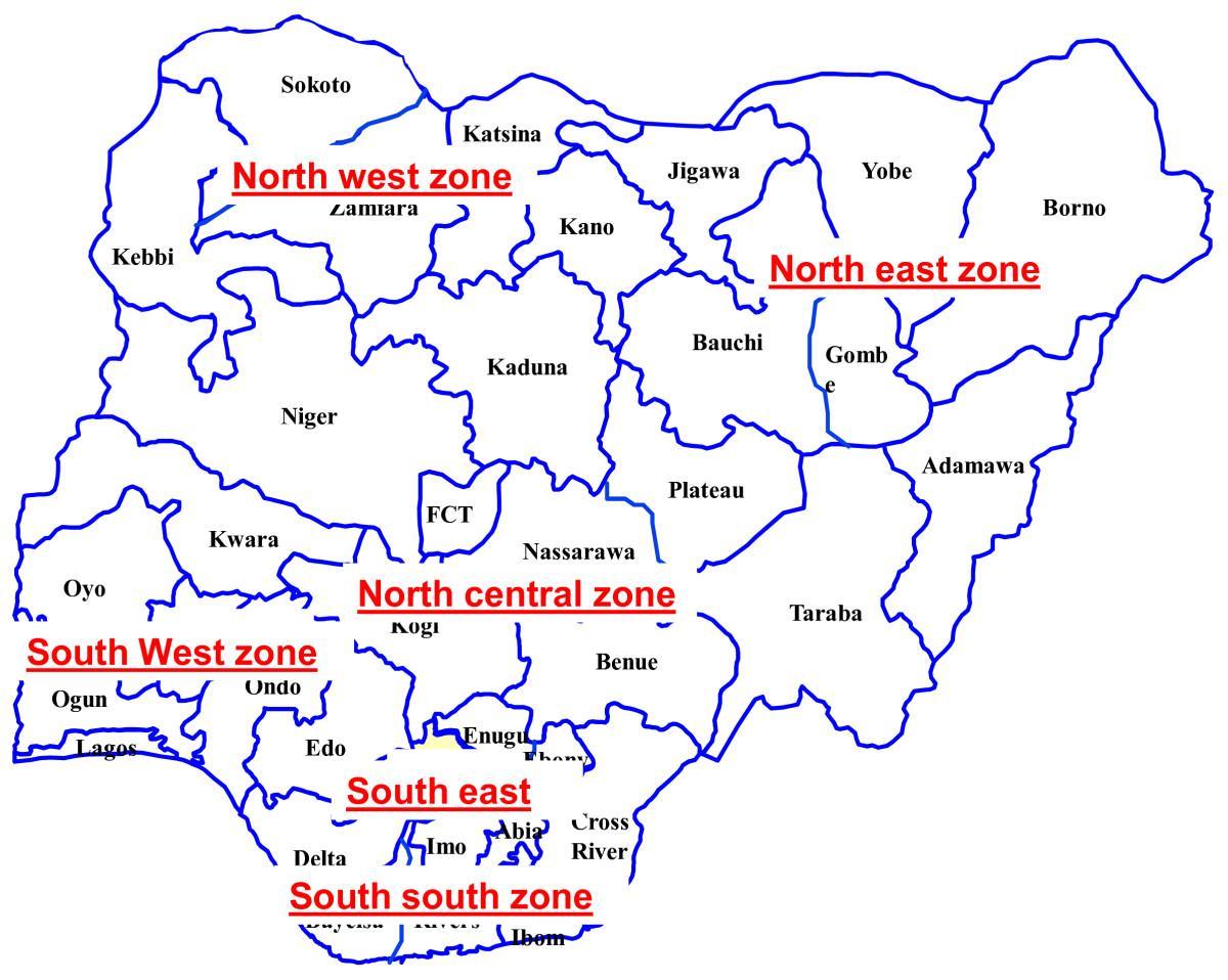 harta e nigeri treguar gjashtë zonat gjeopolitike