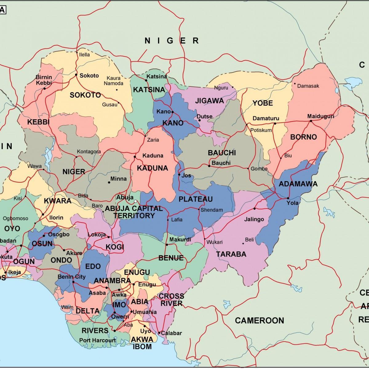 Harta e nigeria me shtetet dhe qytetet