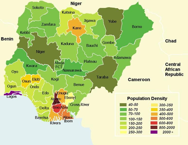 Harta e nigerisë që tregon shpërndarjen e popullsisë